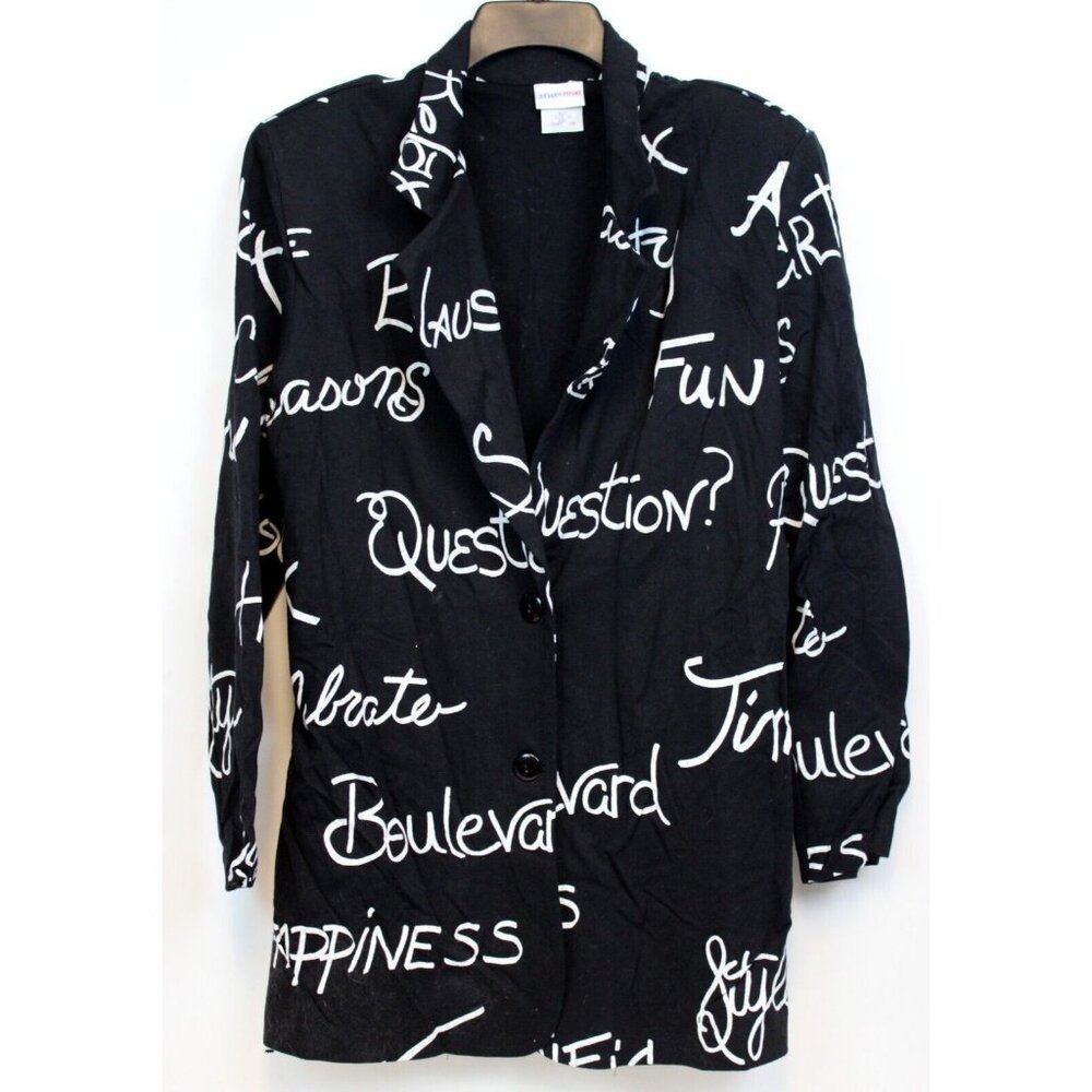 VG 80s Styles to Go Black Long Blazer sz 10 Cursive Word Print Party Whimsical